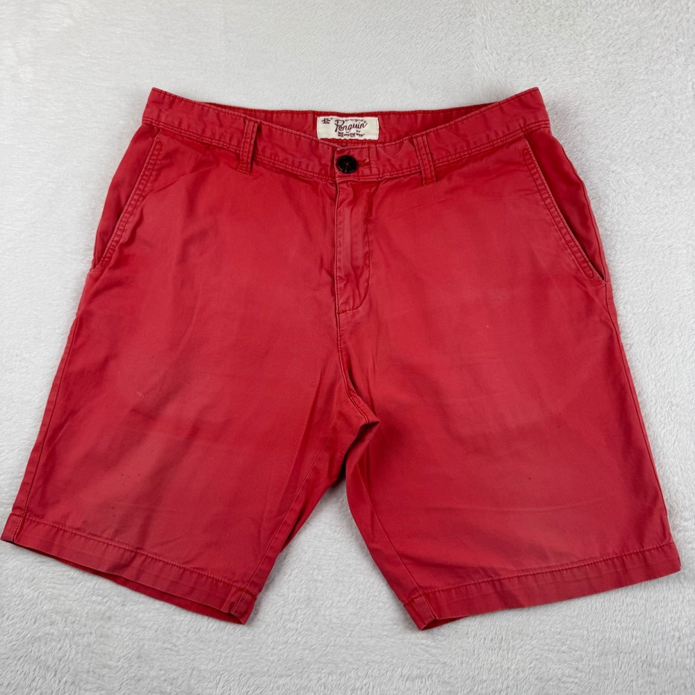Original Penguin Chino Shorts Mens 34 Red Flat Front Cotton Blend Casual